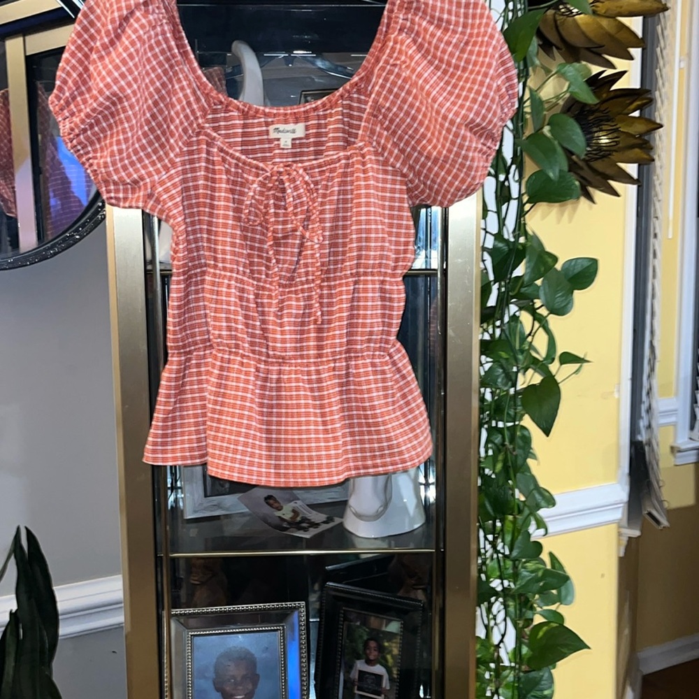 Madewell medium, red and white checker